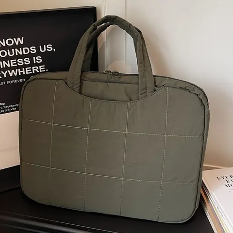 Women Quilted Laptop Handbag Large Capacity Polyester Square Quilted Tablet Storage Bag Daily Office Commute Simple Tote Bag