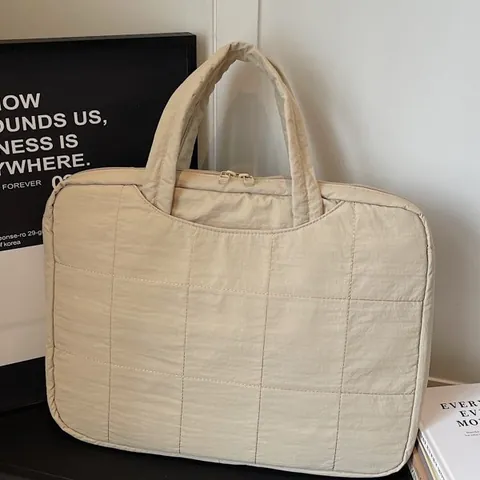 Women Quilted Laptop Handbag Large Capacity Polyester Square Quilted Tablet Storage Bag Daily Office Commute Simple Tote Bag