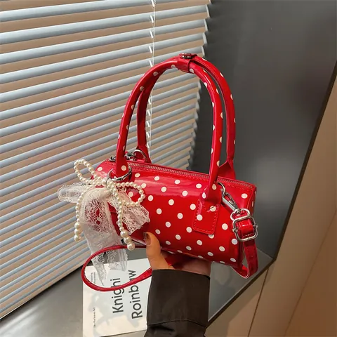 Polka Dot Cylinder Handbag With Artificial Pearl Lace Bow Patent Leather Crossbody Bag Sweet Retro Bolster Bag For Women Daily Fashion