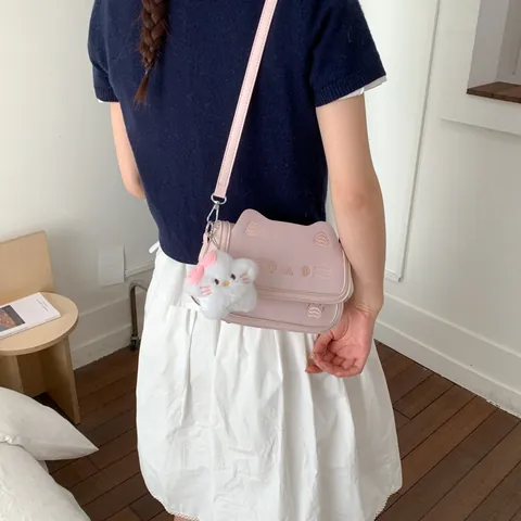 Women's Cute Cat Ear Crossbody Bag Cartoon Embroidery PU Leather Small Square Bag With Plush Pendant Preppy Shoulder Bag
