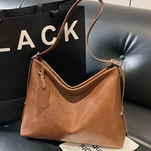 Vintage Large Capacity PU Leather Shoulder Bag For Women Minimalist Solid Color Tote Hobo Bag For Daily Commute Office