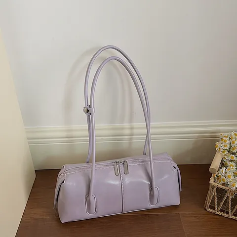 Sac Sous le Bras en Cuir PU Minimaliste pour Femmes Sac à Épaule Baguette Vintage Double Fermeture Éclair Sac à Main