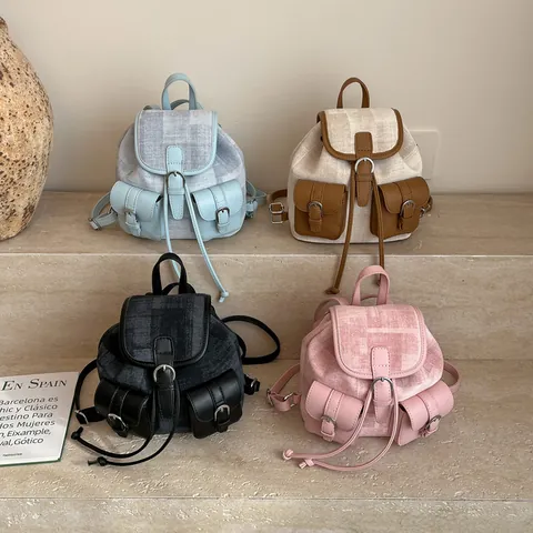 Mochila Mini de Moda para Mujer de Cuero PU y Lona Patchwork Bolso Escolar Estilo Coreano Vintage con Múltiples Bolsillos Casual