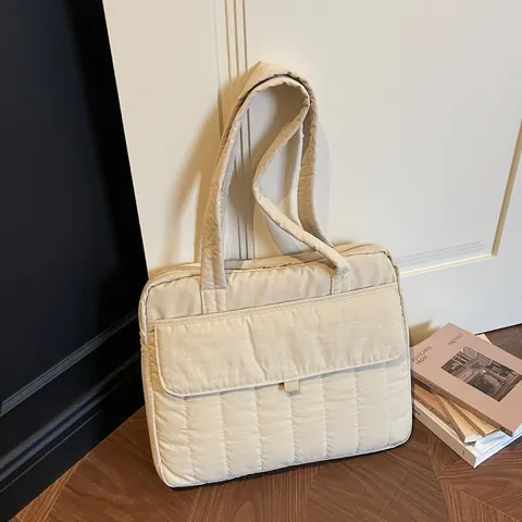 Large Capacity Quilted Tote Bag Women Soft Padded Laptop Handbag Fashion Commuter Shoulder Bag With Front Pocket Purse