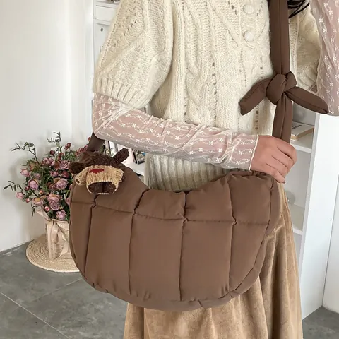 Women Quilted Nylon Puffy Crossbody Bag Casual Cloud Hobo Bag Large Capacity Puffer Shoulder Bag With Knot Strap Bear Pendant
