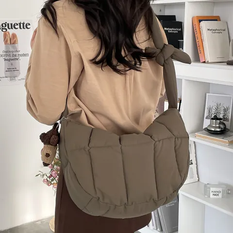 Women Quilted Nylon Puffy Crossbody Bag Casual Cloud Hobo Bag Large Capacity Puffer Shoulder Bag With Knot Strap Bear Pendant