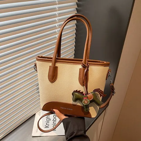 Women Fashion Canvas PU Leather Patchwork Bucket Bag Minimalist Tote Handbag With Horse Charm Adjustable Shoulder Strap Casual Commuter Bag