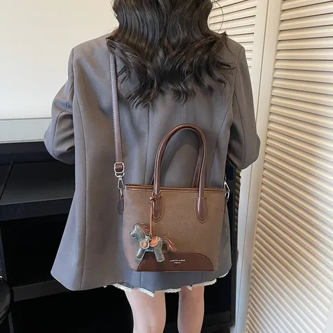 Women Fashion Canvas PU Leather Patchwork Bucket Bag Minimalist Tote Handbag With Horse Charm Adjustable Shoulder Strap Casual Commuter Bag