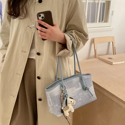 Women Minimalist PU Leather Geometric Pattern Tote Bag Large Capacity Shoulder Underarm Bag With Pony Pendant For Daily Work