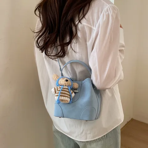 Borsa a Secchiello Minimalista in Pelle PU da Donna Borsa Retrò con Trama Litchi Chiusura in Metallo Astuccio e Tracolla Rimovibile