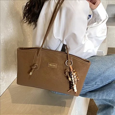 Bolso de Mano Minimalista de Cuero PU para Mujer Bolso de Hombro de Gran Capacidad Con Colgante de Cuentas Elegante Color Sólido Diario
