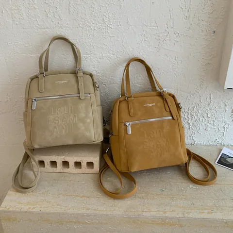 Vintage Frosted PU Leather Backpack For Women Large Capacity Letter Embossed Commuter Shoulder Bag Travel Backpack