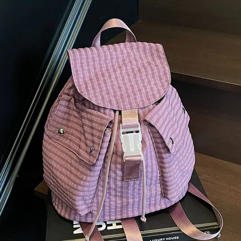 Women Casual Plaid Canvas Backpack Urban Minimalist Small School Bag For Travel Daily Use Multi Pocket Rucksack
