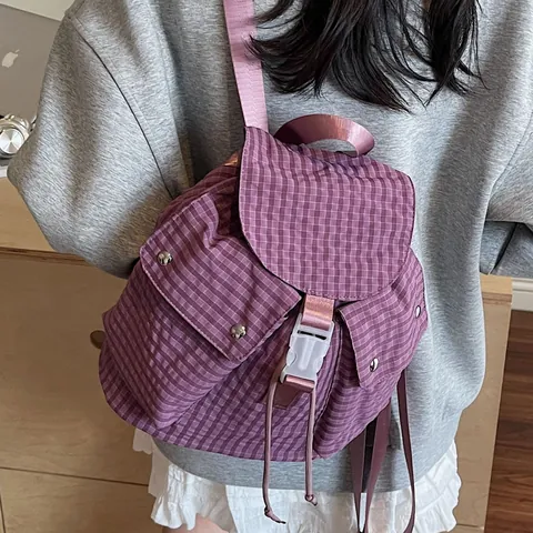 Women Casual Plaid Canvas Backpack Urban Minimalist Small School Bag For Travel Daily Use Multi Pocket Rucksack
