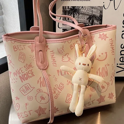 Borsa Tote da Donna Fashion Graffiti Grande Capacità in Pelle PU Borsa a Tracolla Con Ciondolo a Forma di Coniglio in Peluche Borsa Street Style per Casa Scuola Ufficio