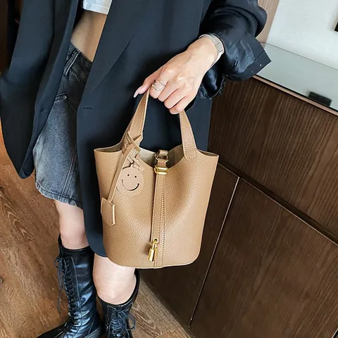 Women Minimalist Litchi Grain Synthetic Leather Bucket Bag With Gold Padlock Smiley Charm Handbag Shoulder Crossbody Purse