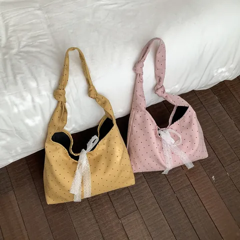 Women Large Capacity Canvas Polka Dot Tote Bag With White Lace Bow Knot Shoulder Strap Casual Daily Commuter Shoulder Bag