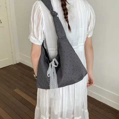 Women Large Capacity Canvas Polka Dot Tote Bag With White Lace Bow Knot Shoulder Strap Casual Daily Commuter Shoulder Bag