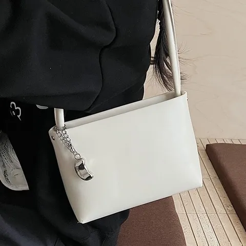 Women Fashion Soft PU Leather Bucket Bag Korean Minimalist Solid Color Shoulder Crossbody Bag With Metal Charm For Commute