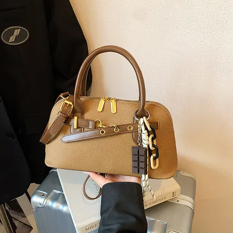Korean Style Minimalist Small Square Bag Women PU Leather Canvas Boston Shoulder Crossbody Bag Daily Handbag With Pendants