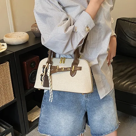 Korean Style Minimalist Small Square Bag Women PU Leather Canvas Boston Shoulder Crossbody Bag Daily Handbag With Pendants
