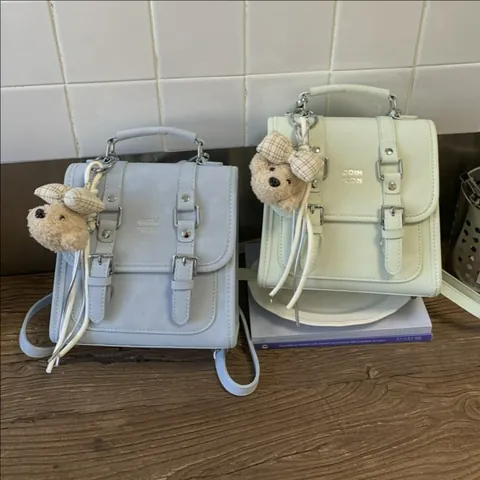 Korean Vintage Mini Backpack For Women PU Leather Double Buckle Flap Handbag With Teddy Bear Charm Preppy Style Casual Travel School Shoulder Bag