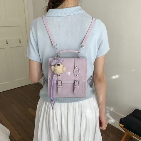Korean Vintage Mini Backpack For Women PU Leather Double Buckle Flap Handbag With Teddy Bear Charm Preppy Style Casual Travel School Shoulder Bag