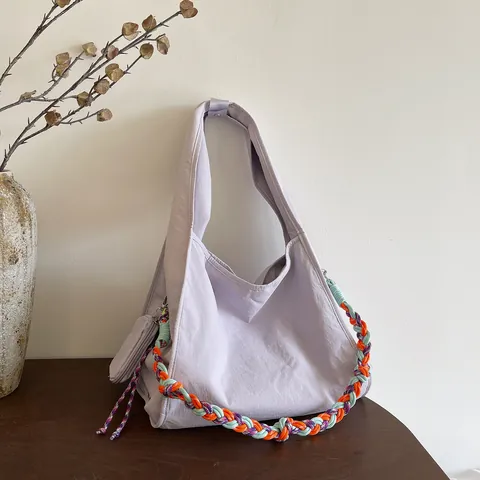 Large Capacity Nylon Tote Bag For Women With Colorful Woven Rope Decoration And Mini Coin Purse Shoulder Crossbody Bag