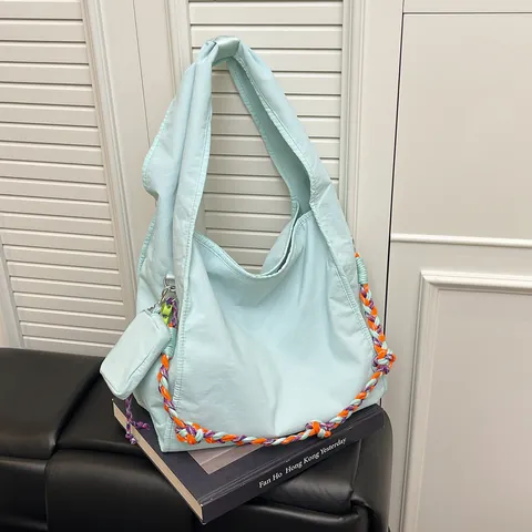Large Capacity Nylon Tote Bag For Women With Colorful Woven Rope Decoration And Mini Coin Purse Shoulder Crossbody Bag