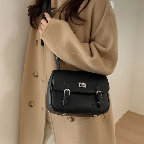 Bolso Bandolera de Cuero PU con Textura de Lichi para Mujer Bolso Retro con Solapa y Cerradura de Metal Plateado Correa