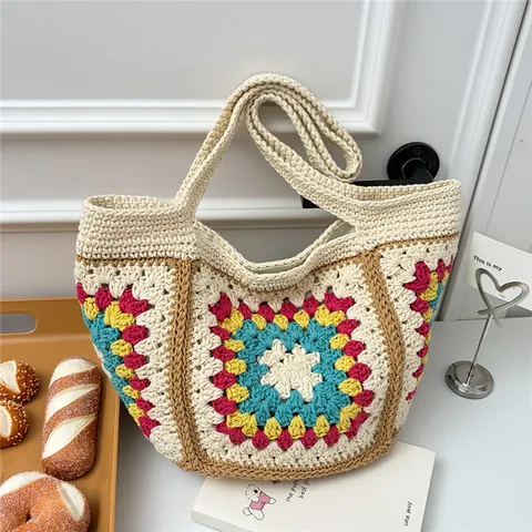 Knitted Granny Square Tote Bag Vintage Large Capacity Crochet Shoulder Bag Retro Vacation Style Multicolor Women Handbag