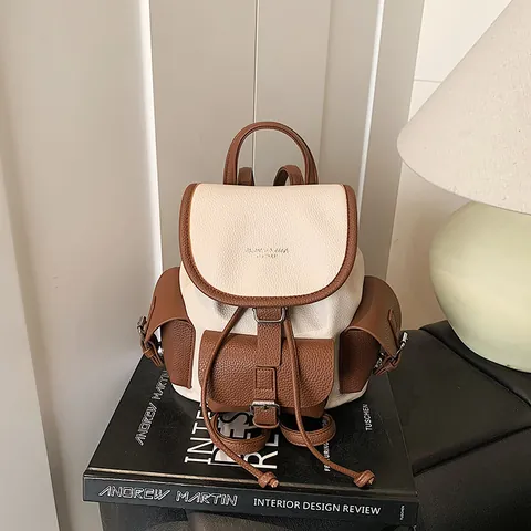 Mini Mochila para Mujer de Cuero PU con Bloque de Color Grano de Litchi Multibolsillos Cordón Bolso de Hombro Mochila Casual