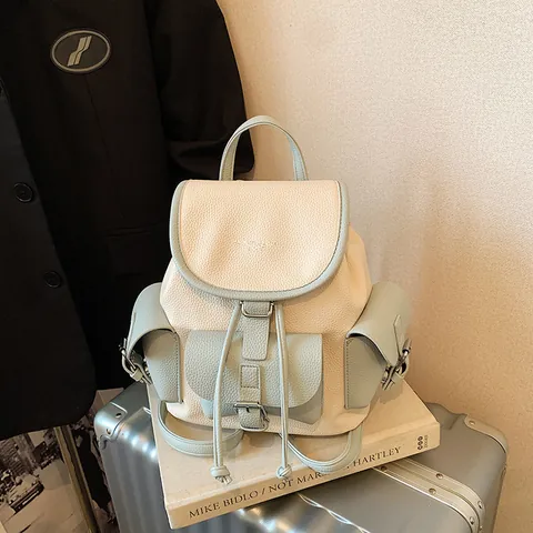 Mini Mochila para Mujer de Cuero PU con Bloque de Color Grano de Litchi Multibolsillos Cordón Bolso de Hombro Mochila Casual