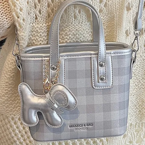 Borsa a Mano Piccola in Pelle PU a Scacchi Donna Moda Borsa a Tracolla Casual Tote Bag Con Ciondolo a Cane per Shopping