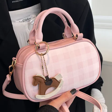 Women's Retro Checkered PU Leather Boston Bag Small Cylindrical Handbag With Horse Pendant Crossbody Shoulder Bag