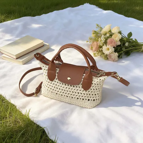 Dames Handgevlochten Strovlechttas Gehaakte Opengewerkte Schoudertas PU Lederen Flap Handvat Zomervakantie Casual Draagtas