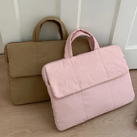 Women Minimalist Quilted Laptop Bag Canvas Solid Color Briefcase Handbag Daily Office Commute Business Handheld Sleeve Case