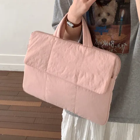 Women Minimalist Quilted Laptop Bag Canvas Solid Color Briefcase Handbag Daily Office Commute Business Handheld Sleeve Case