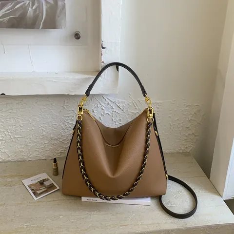 Women Large Capacity Hobo Bag Lychee Texture PU Leather Tote With Metal Chain Retro Casual Shoulder Bag Commuter Handbag