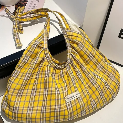 Damen Große Kapazität Karo Stoff Tote Bag Koreanischen Stil Gefaltete Umhängetasche Lässige Leichte Handtasche Mit Schleife