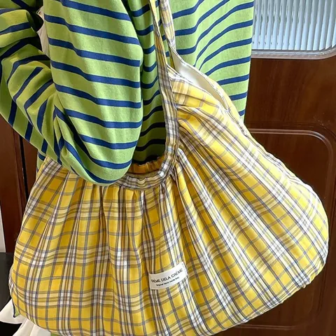 Damen Große Kapazität Karo Stoff Tote Bag Koreanischen Stil Gefaltete Umhängetasche Lässige Leichte Handtasche Mit Schleife