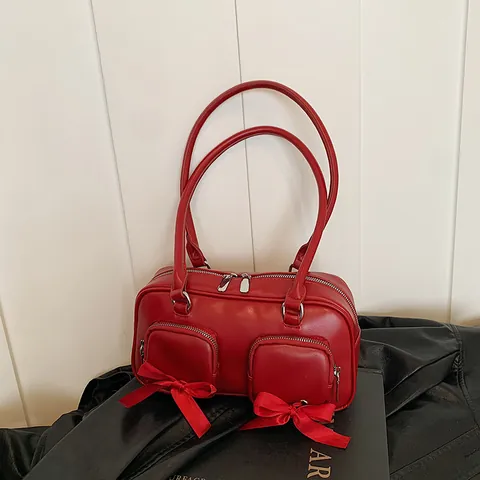 Damen PU Leder Achseltasche Mit Schleife Vorne Reißverschlusstaschen Vintage Retro Schultertasche Vielseitige Nische Designer Handtasche