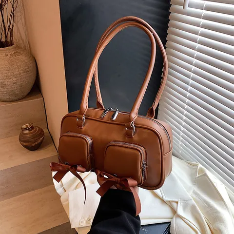 Women Vintage PU Leather Underarm Bag With Satin Bow Decorative Front Pockets Solid Color Stylish Shoulder Bag For Daily Commute