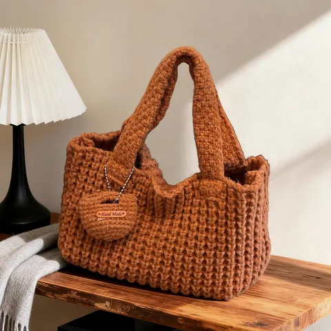 Women Casual Knitted Woven Handbag Handmade Crochet Tote Bag With Heart Charm Vintage Style Yarn Top Handle Purse