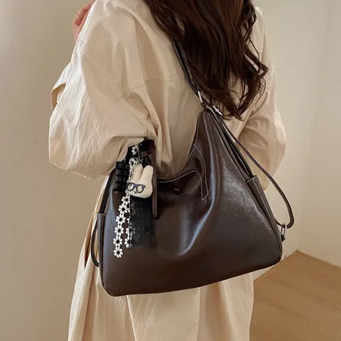Women Retro Large Capacity PU Leather Tote Bag With Contrast Stitching Rabbit Charm Shoulder Bag For Daily Commute Hobo Bag