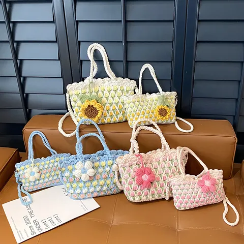 Hand Knitted Crochet Bucket Bag For Women Floral Tulip Sunflower Pattern Sweet Pastoral Style Large Small Shoulder Crossbody Bag With Pearl Button
