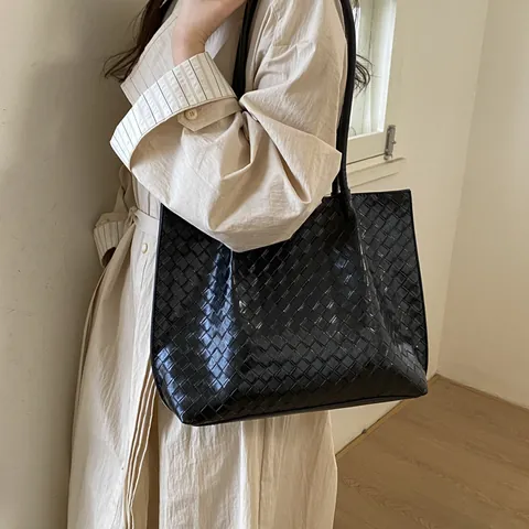Damen Webmuster PU Leder Einkaufstasche Große Kapazität Minimalistisch Retro Schultertasche Mit Kleiner Tasche Für Den Alltag