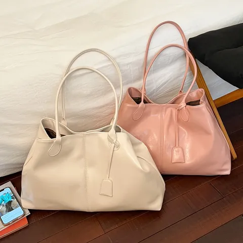 Women Large Capacity Minimalist Glossy PU Leather Tote Bag Solid Color Fashion Urban Commute Shoulder Handbag