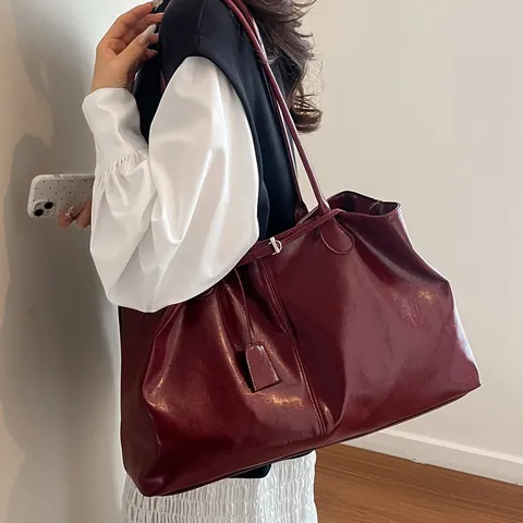 Women Large Capacity Minimalist Glossy PU Leather Tote Bag Solid Color Fashion Urban Commute Shoulder Handbag