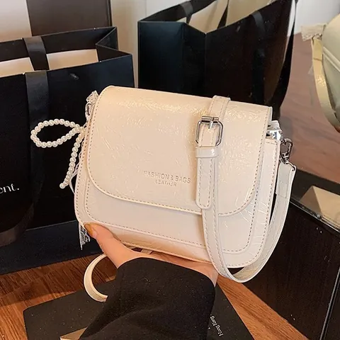 Women's Fashion Crinkled PU Leather Small Square Crossbody Bag With Artificial Pearl Lace Charm Trendy Niche Mobile Phone Shoulder Bag